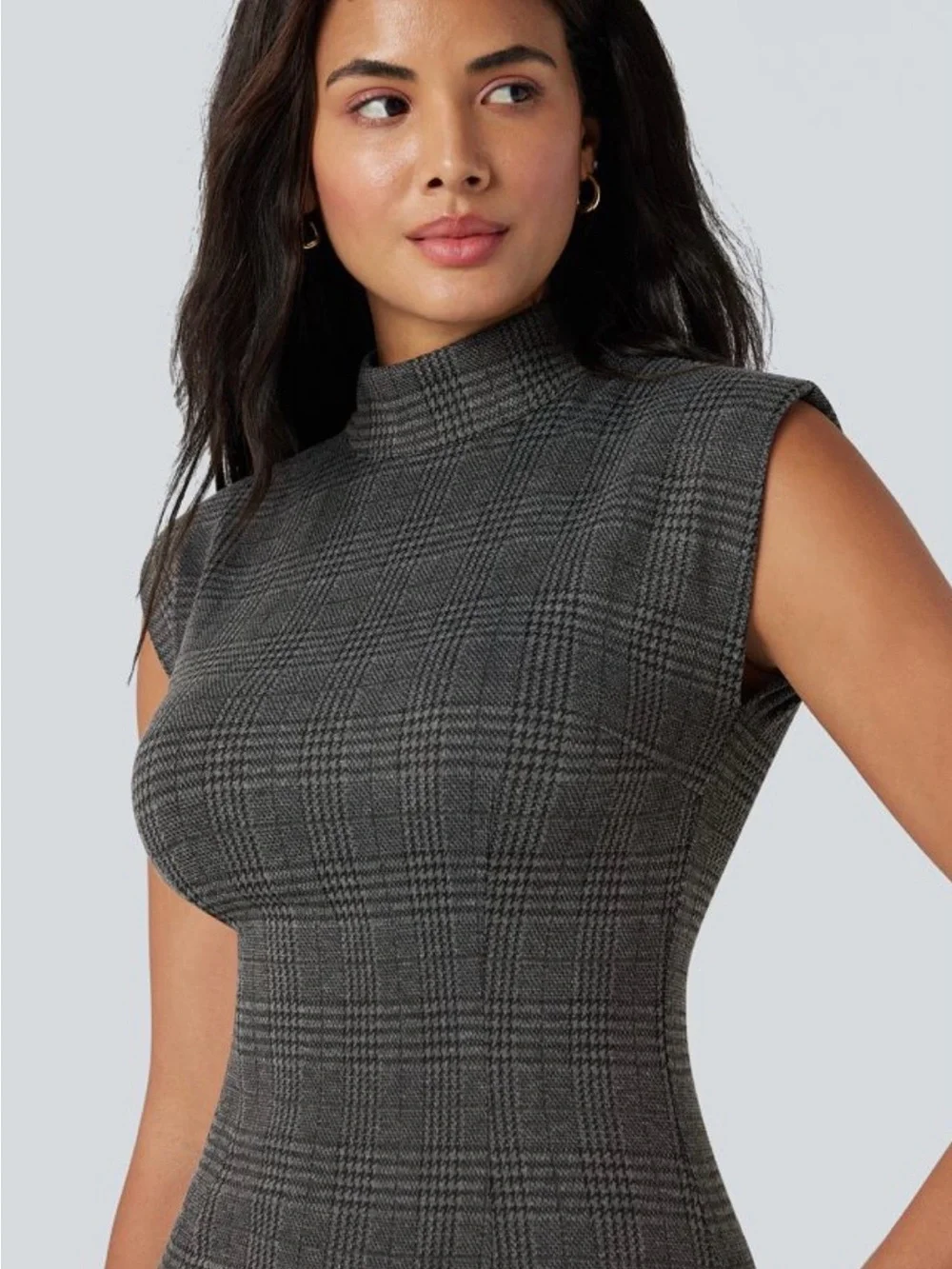 HALARA High Neck Sleeveless Bodycon Houndstooth Plaid Midi Work Dress - Picture 5 of 13